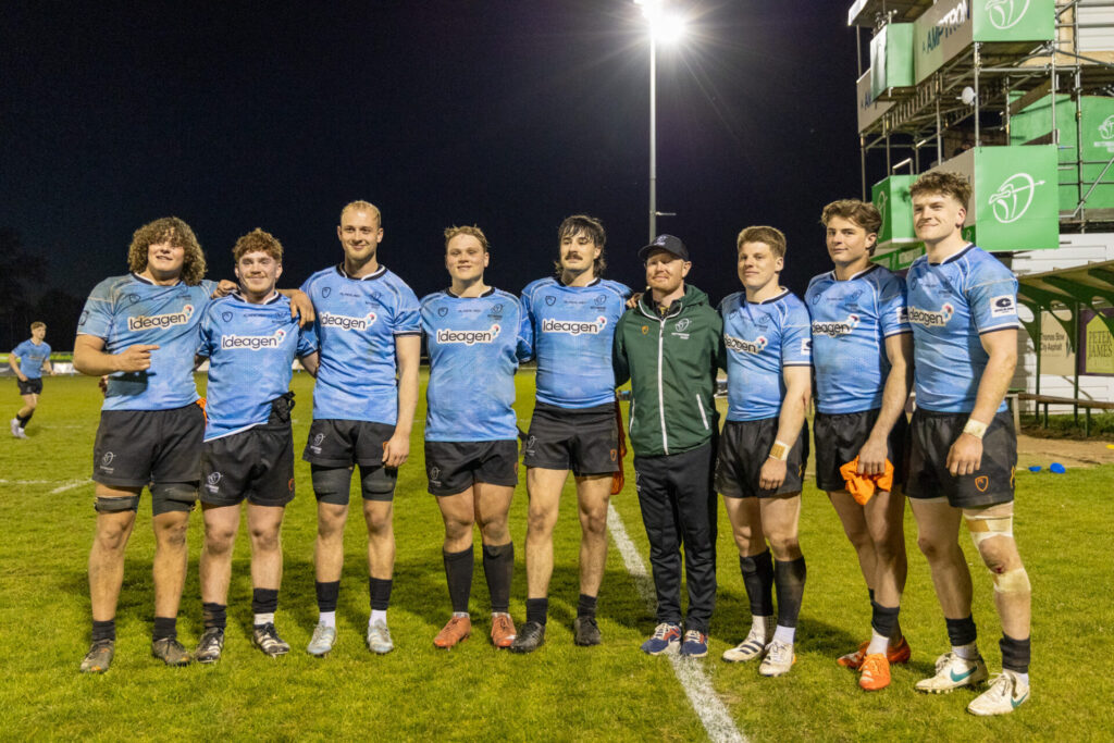 8 members of NTU after representing Nottingham Rugby vs Leicester Tigers: from left to right: Hobie Riches (back-row, formerly signed), Fergus Hanna (hooker, first year), Ben Almond (lock, fourth year), Ben Beere (prop, first year) Matthew Gould (centre, new signing), Charlie West (fly-half, re-signing), Matt Durbridge (scrum-half, re-signing), Cieran Barry (full-back, new signing)